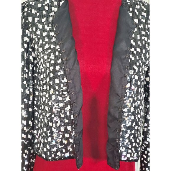 Vintage Stenag  Black and White Sequin Silk Bolero Evening Jacket Sz P S 1599 - Picture 6 of 12